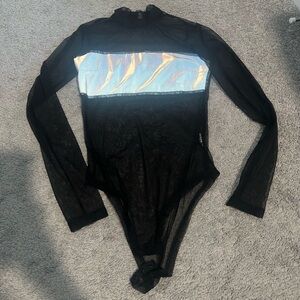 Black Long-Sleeve Mesh Bodysuit with Reflective Panel